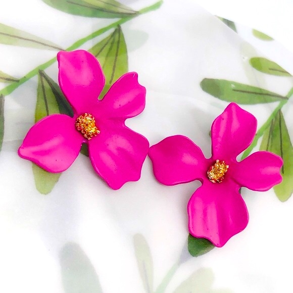 Hot Pink Korean Painted Metal Flower Earrings - Picture 2 of 5